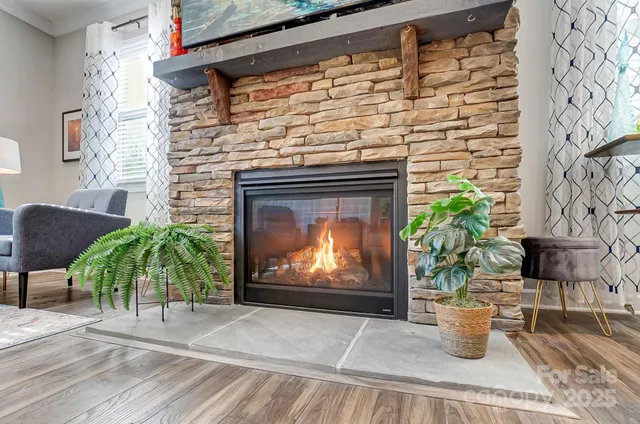 a fireplace with wooden floor