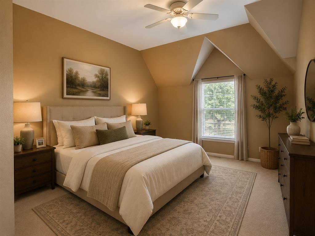 5708 Rickshaw Lane Plano, TX 75094 - Photo 24 of 28 Carpeted bedroom featuring an upholstered headboard, a window with blinds, a ceiling fan with integrated lighting, and sloped ceiling details