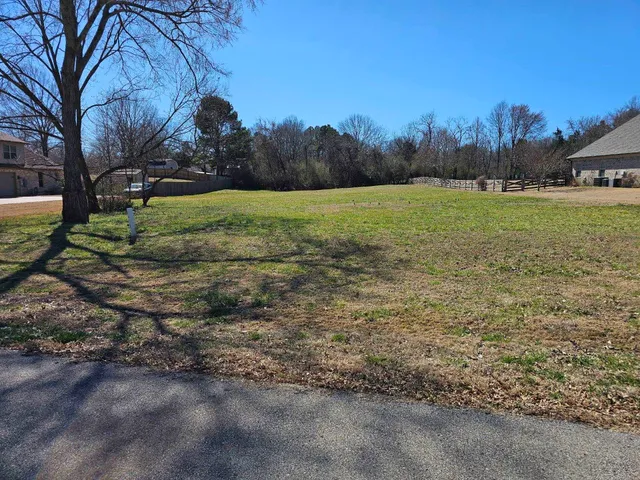 a view of a field with trees in the background