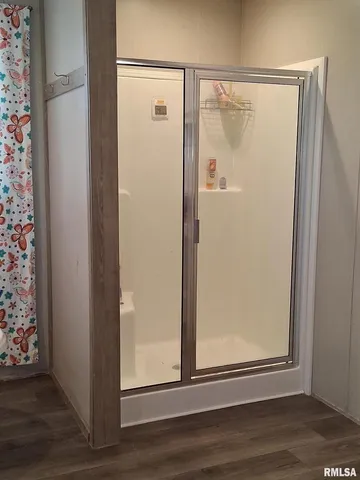 a view of a bathroom with wooden floor