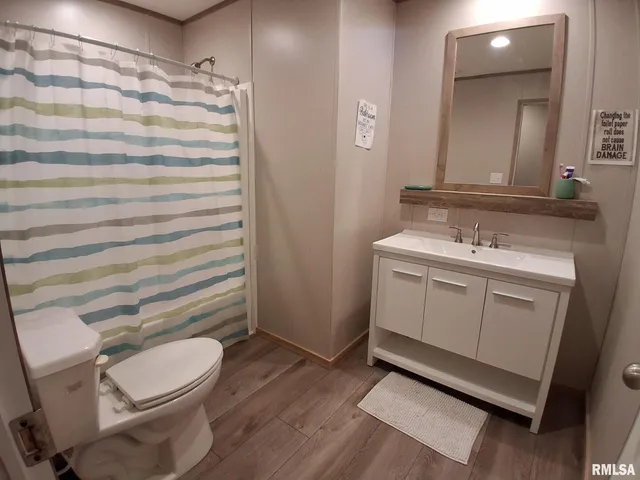 a bathroom with a sink a toilet a mirror and shower curtain