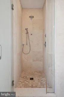 a bathroom with a shower and a toilet