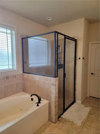 a bathroom with a bathtub and a shower