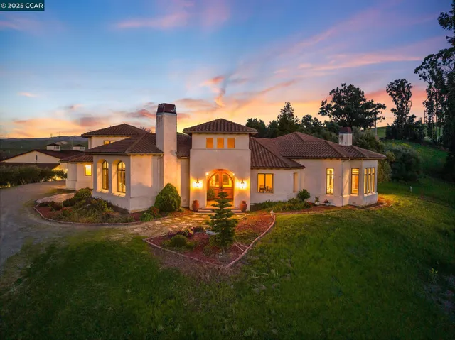 a front view of a house with yard and green space