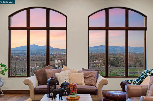 an aerial view of a house with a mountain