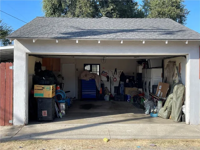 a view of a garage with storage
