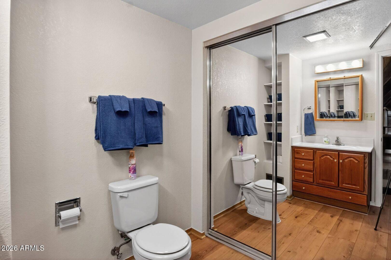 8884 Tonto Rim Drive Pine, AZ 85544 - Photo 37 of 43 a bathroom with a toilet sink a mirror and vanity