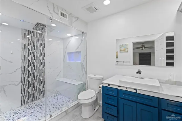 a bathroom with a sink toilet a mirror and shower