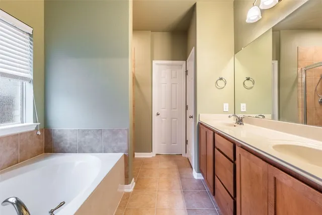 a bathroom with a tub sink and mirror