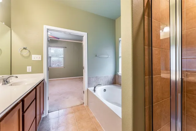 a bathroom with a tub sink and mirror