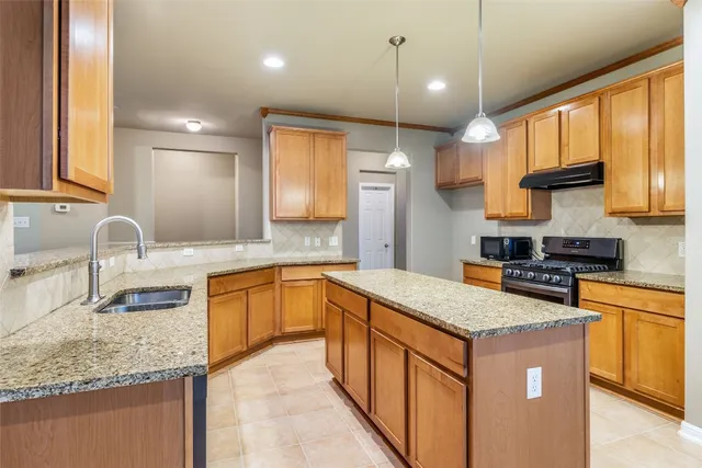 a kitchen with stainless steel appliances granite countertop a sink a stove and a wooden cabinets