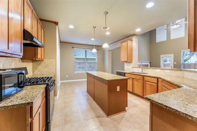 a kitchen with stainless steel appliances granite countertop wooden cabinets a sink and a stove