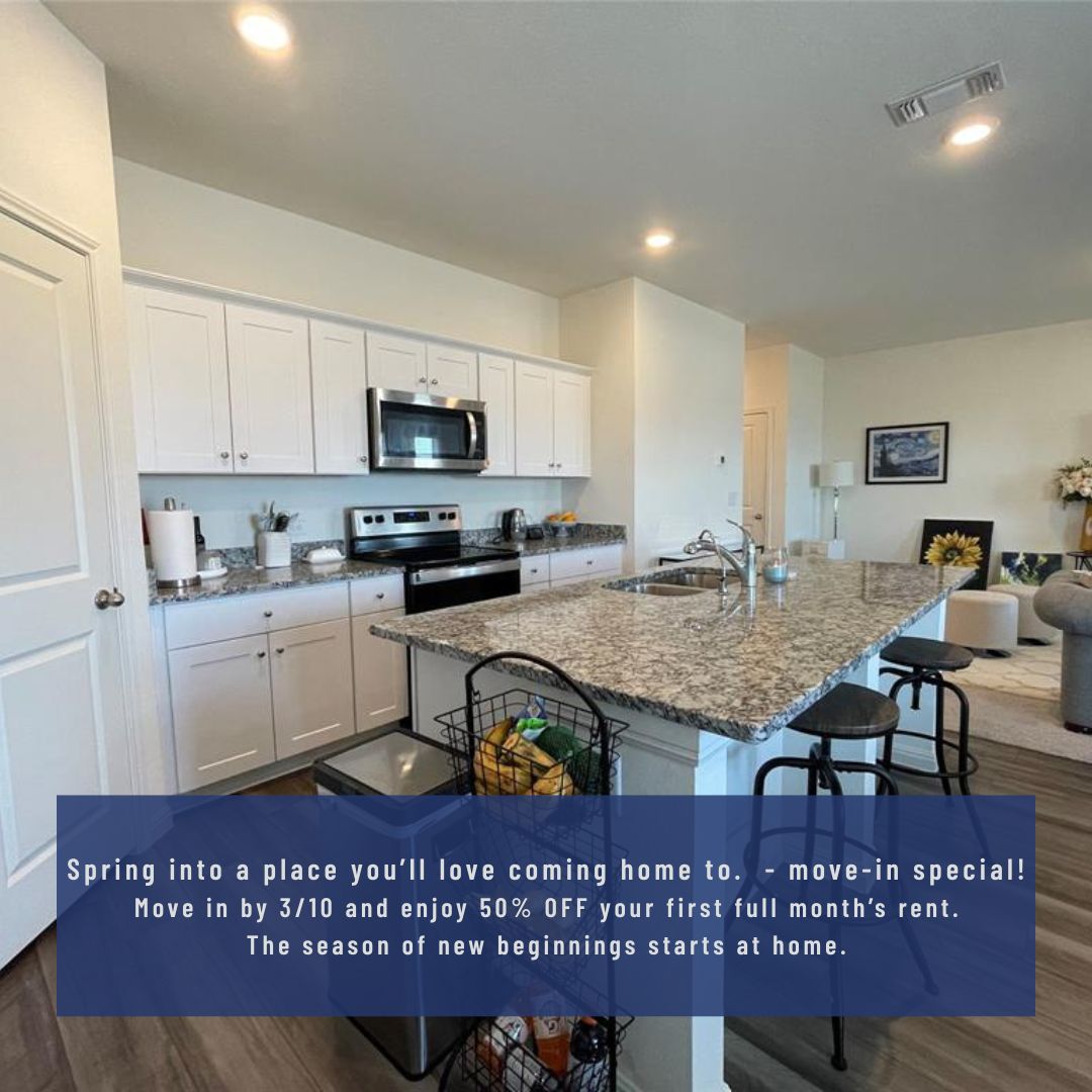 Spring into a place you’ll love coming home to. Move in by 3/10 and enjoy 50% OFF your first full month’s rent.-The season of new beginnings starts at home.