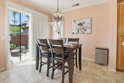 a view of a dining room with furniture and window