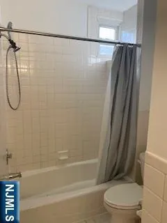a bathroom with a shower and a toilet