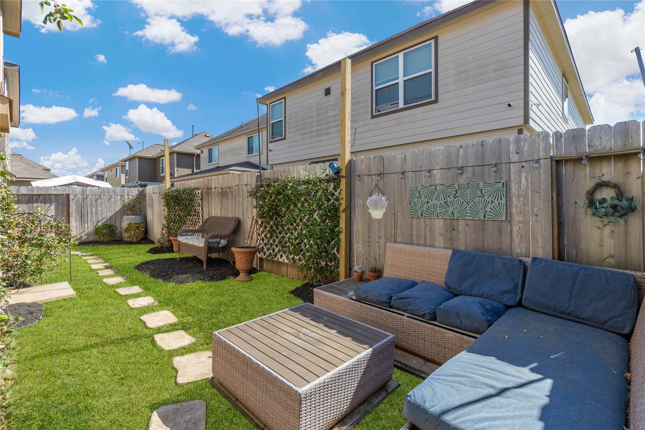 18623 Jerrara Stream Lane Katy, TX 77449 - Photo 27 of 46 Photo has been digitally altered to show fully grown grass. Ground has been seeded and recently landscaped - ready for move-in. The backyard garden has room for dogs to play, seating for entertainment, stepping stones, and plants to thrive.