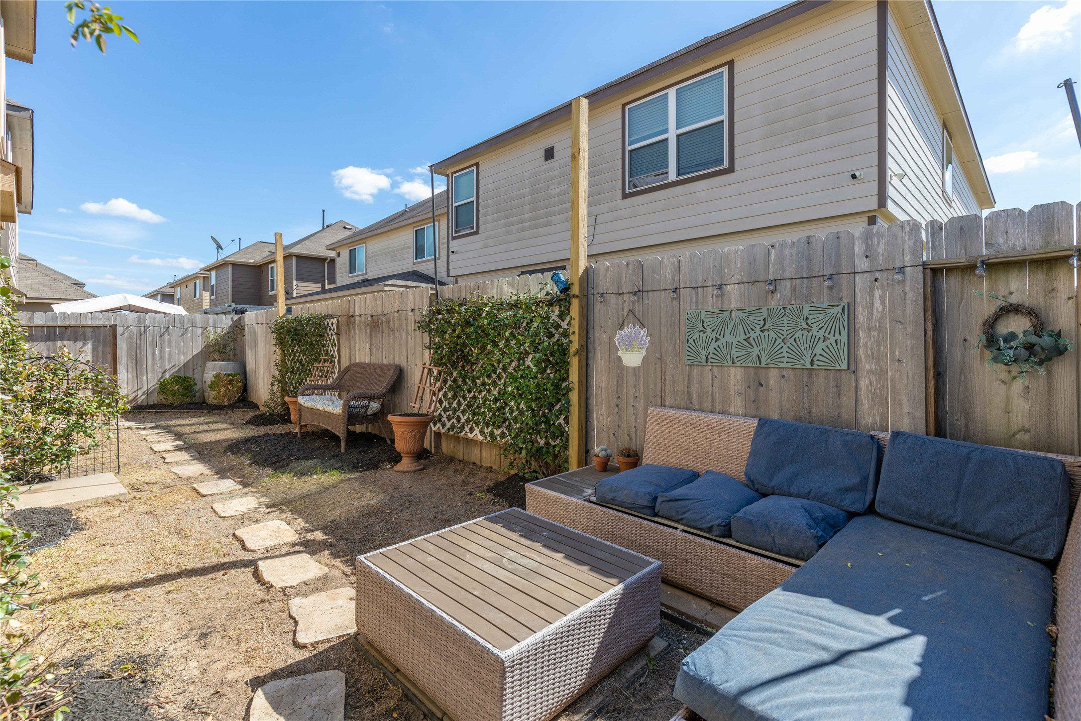 18623 Jerrara Stream Lane Katy, TX 77449 - Photo 28 of 46 Ground has been seeded and recently landscaped - ready for move-in. The backyard garden has room for dogs to play, seating for entertainment, stepping stones, and plants to thrive.