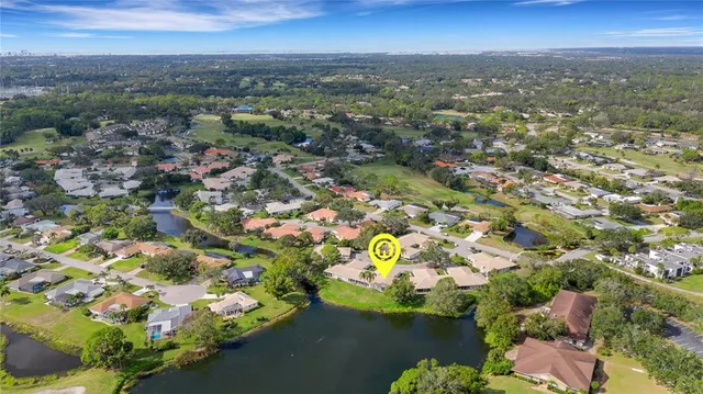 an aerial view of residential houses with outdoor space and trees