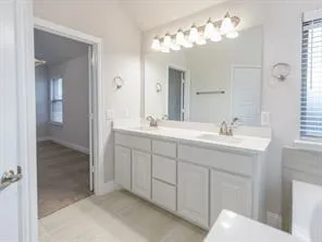 a bathroom with a double vanity sink mirror and shower