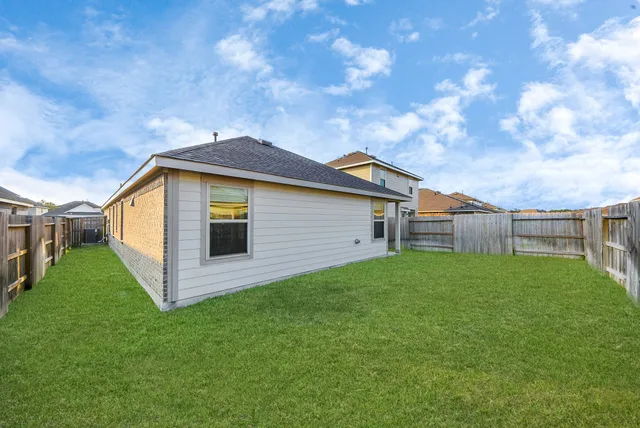 a view of a backyard with plants and large trees
