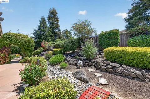 a front view of a house with a yard and potted plants