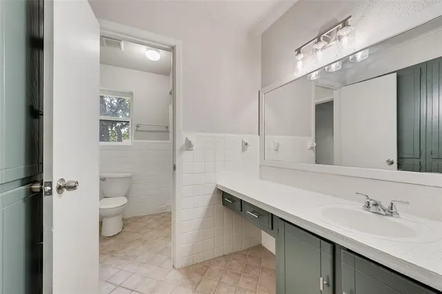 a bathroom with a sink a toilet and a large mirror