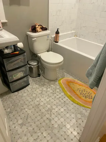 a bathroom with a toilet and a bathtub