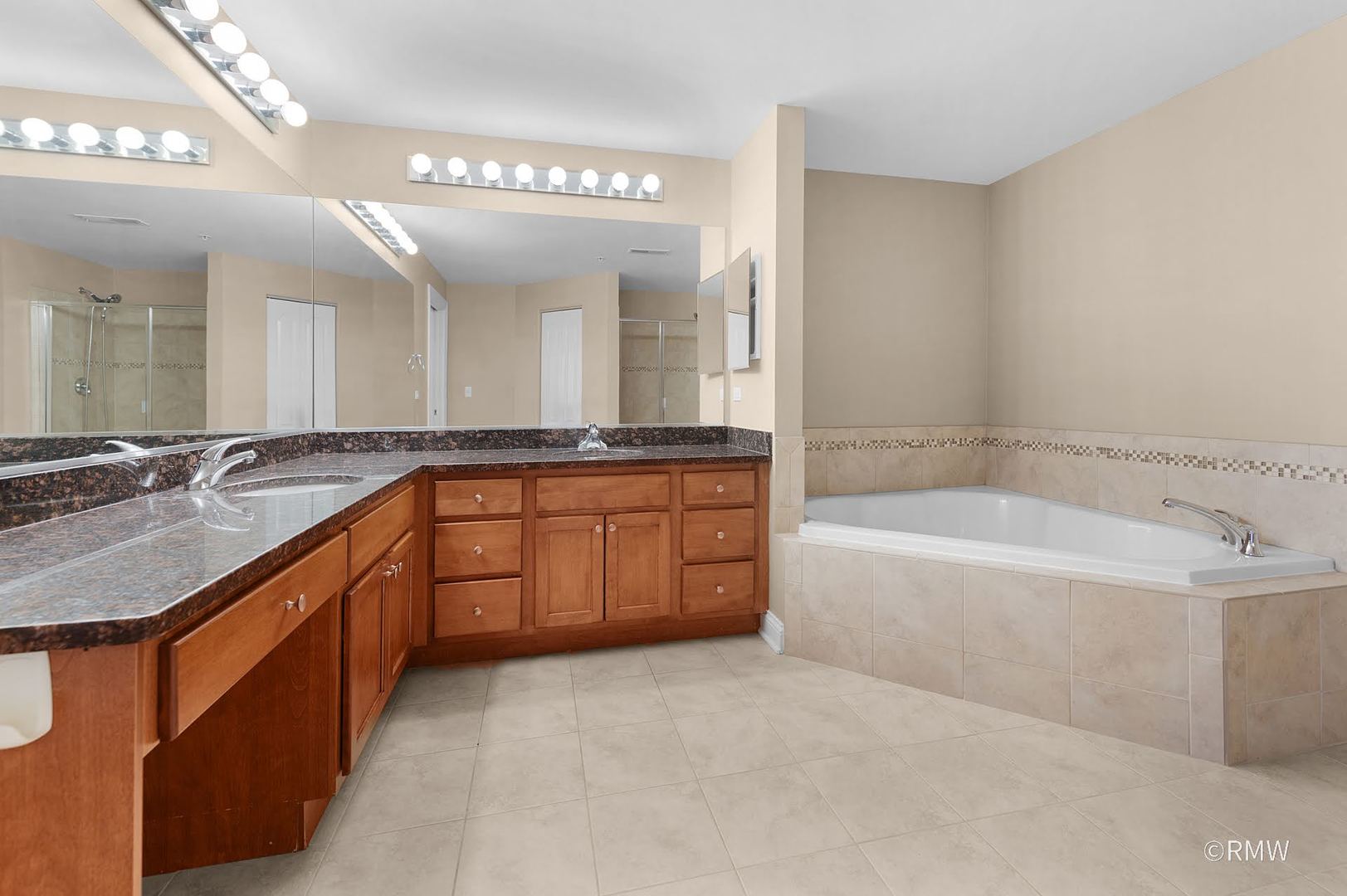 2 Itasca Place, Unit 419 Addison, IL 60143 - Photo 17 of 21 a spacious bathroom with a granite countertop sink a mirror a bathtub and next to a window