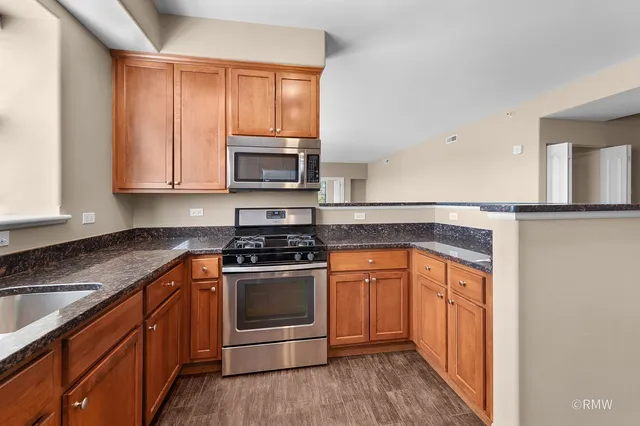 a kitchen with stainless steel appliances granite countertop a stove a sink and a microwave