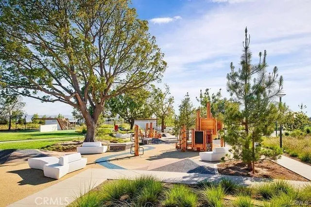 a view of a park with large trees