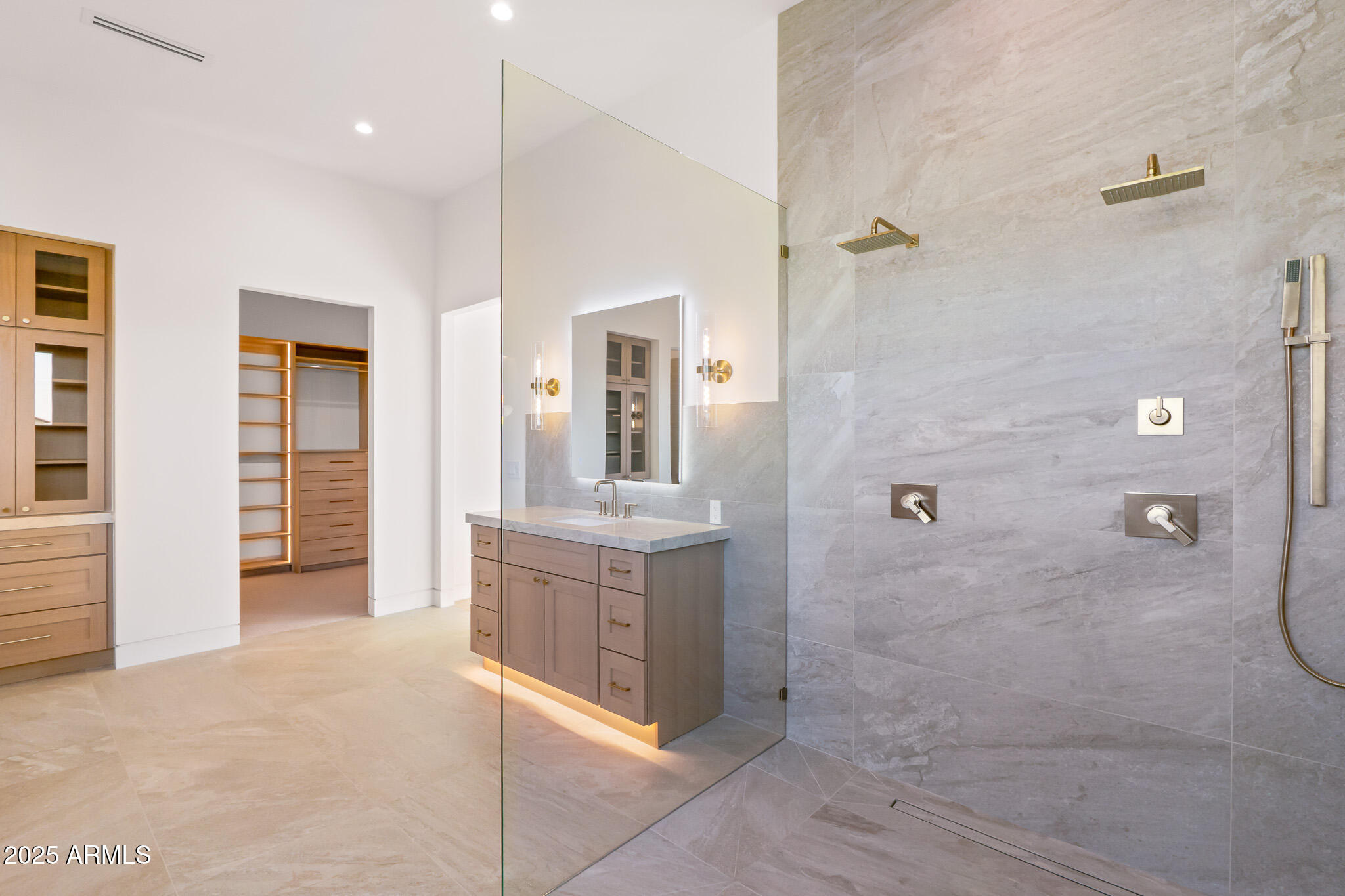 6260 South Key Biscayne Court Gilbert, AZ 85298 - Photo 26 of 68 a bathroom with a granite countertop sink a mirror and shower