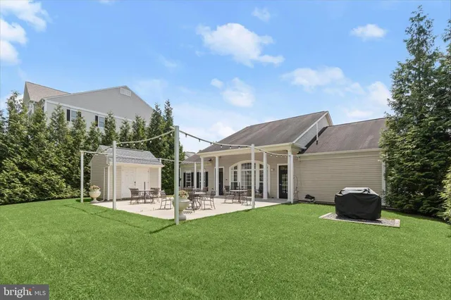 a garden view with a seating space