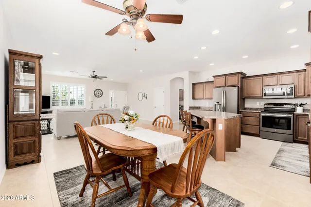 a view of a dining room with furniture