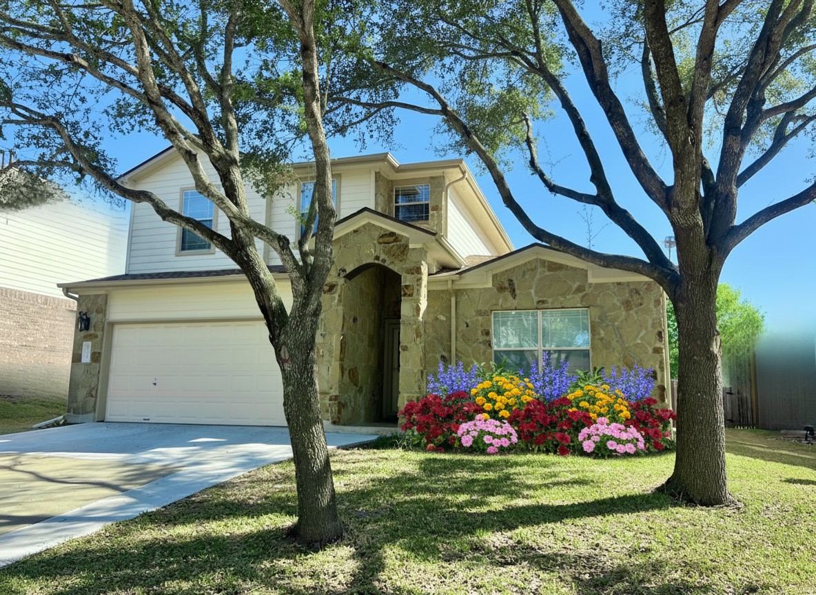 a front view of a house with garden