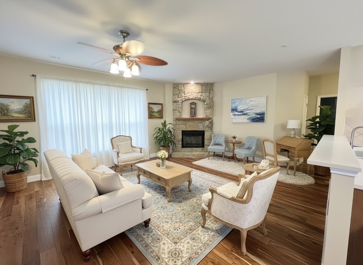 17705 Mahonia Lane Elgin, TX 78621 - Photo 14 of 35 a living room with furniture a chandelier and a fireplace