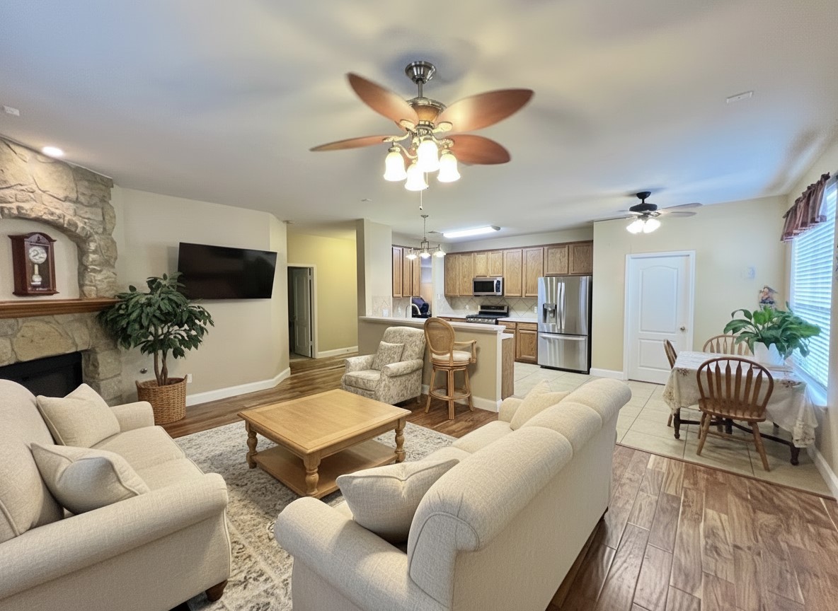 17705 Mahonia Lane Elgin, TX 78621 - Photo 15 of 35 a living room with furniture kitchen view and a chandelier