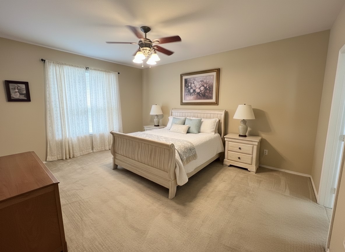 17705 Mahonia Lane Elgin, TX 78621 - Photo 17 of 35 a bed room with a bed and a chandelier