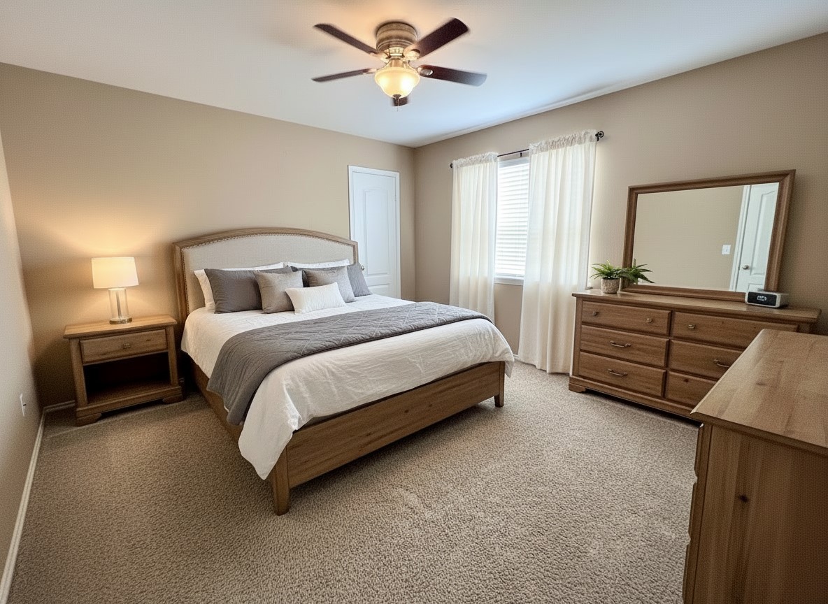 17705 Mahonia Lane Elgin, TX 78621 - Photo 23 of 35 a spacious bedroom with a bed and a chandelier