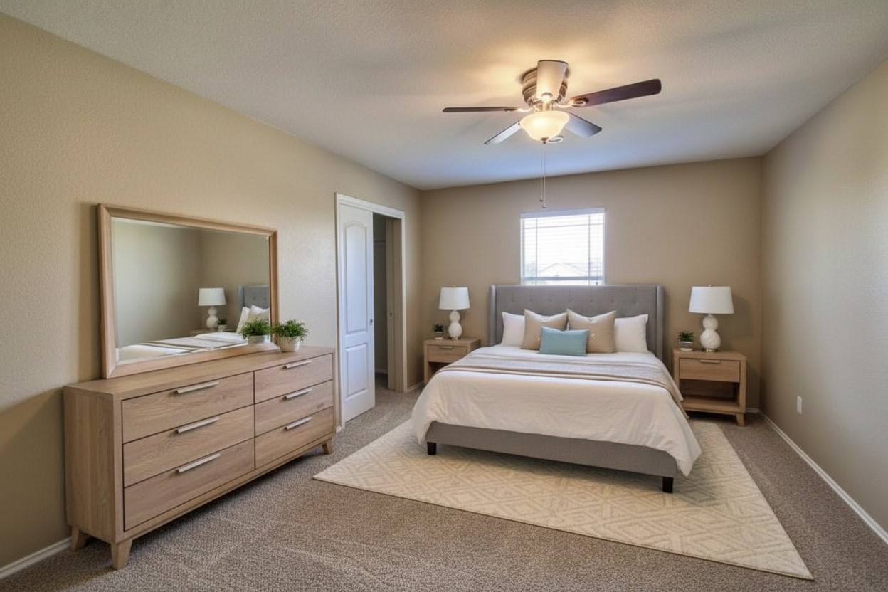 17705 Mahonia Lane Elgin, TX 78621 - Photo 26 of 35 a spacious bedroom with a bed and a chandelier