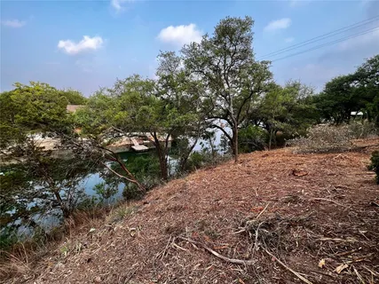 an aerial view of lake and trees
