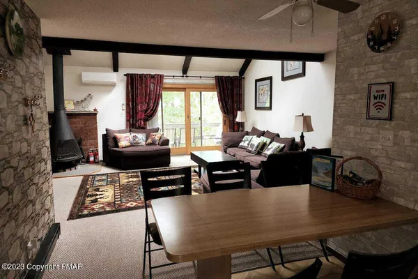 a view of a dining room with furniture