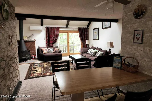 a view of a dining room with furniture
