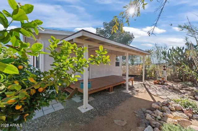 a view of a terrace with a bench