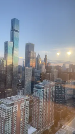 a living room with furniture a table and a large window