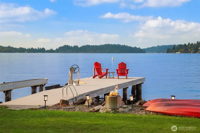 a view of a lake with houses in the back