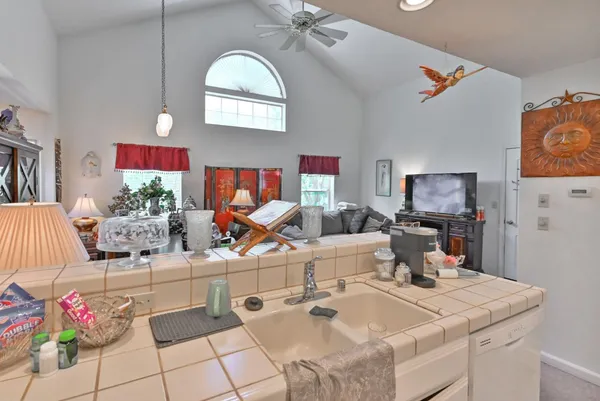 a living room with fireplace furniture and a potted plant