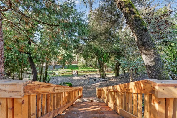 a view of a wooden deck with large trees