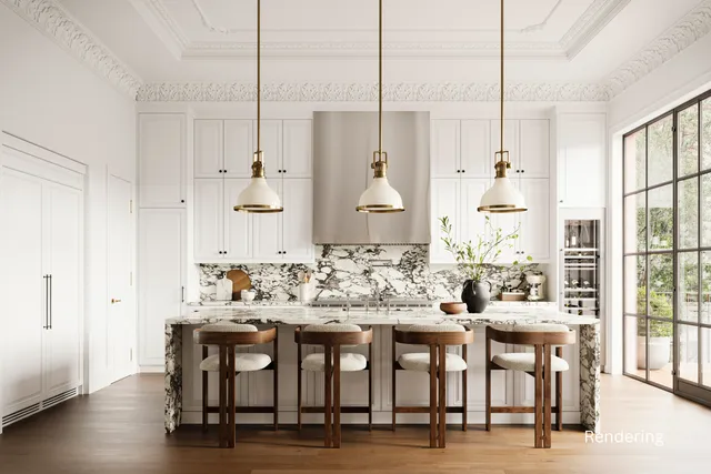 a living room with furniture a fireplace and a chandelier