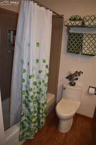 a white toilet sitting next to a shower curtain