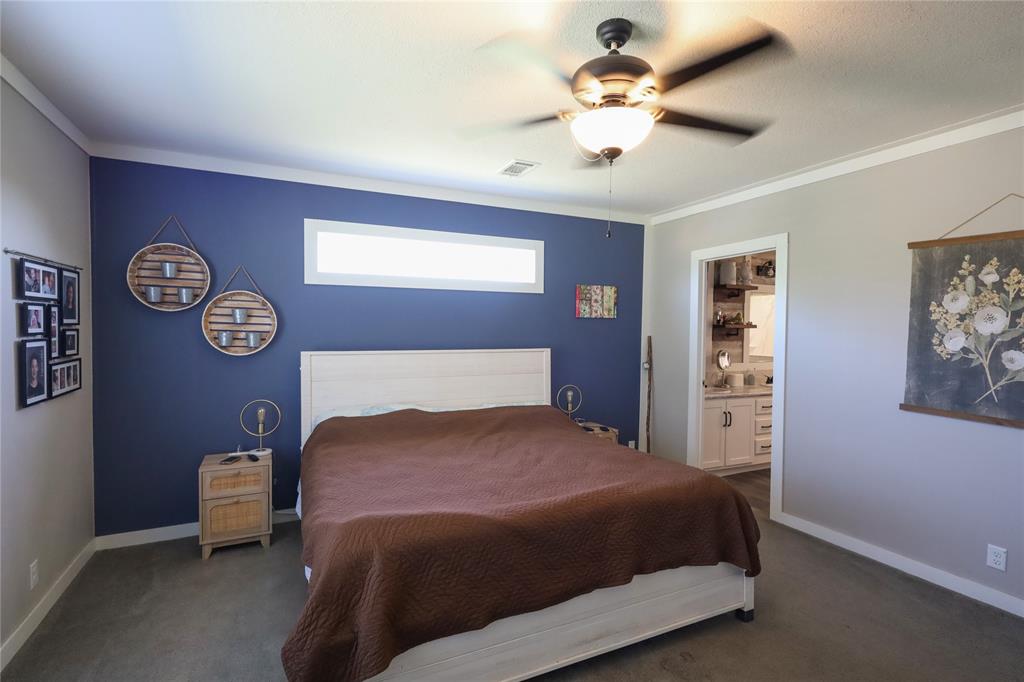 55 County Road West Comanche, TX 76442 - Photo 19 of 37 Bedroom with carpet flooring, crown molding, connected bathroom, and a ceiling fan